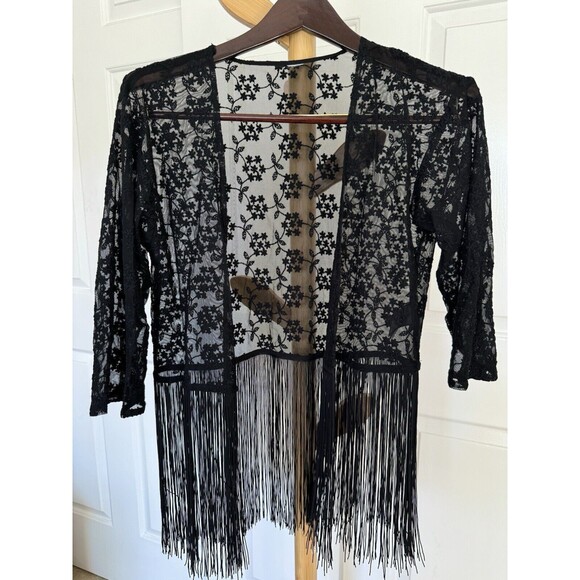 H&M Tops - H&M Floral Embroidered Black Mesh Sheer Fringe Boho Kimono Poncho Whimsigoth